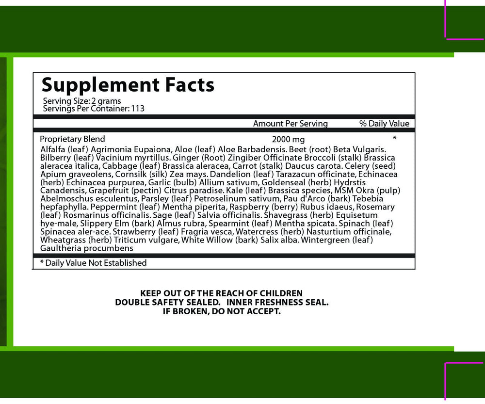 Daily Health Ultimate Greens MSM powder being dispensed into a shaker.