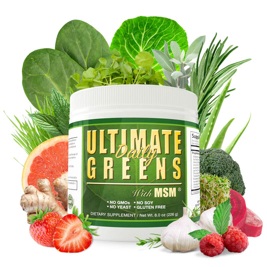 Daily Health Ultimate Greens MSM powder in a tub supports easy vegetable intake.