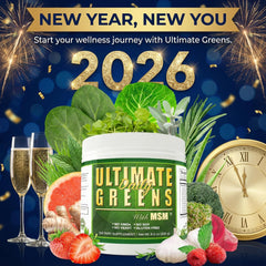 Daily Health Ultimate Greens Powder ingredients blend with vegetables and herbs.