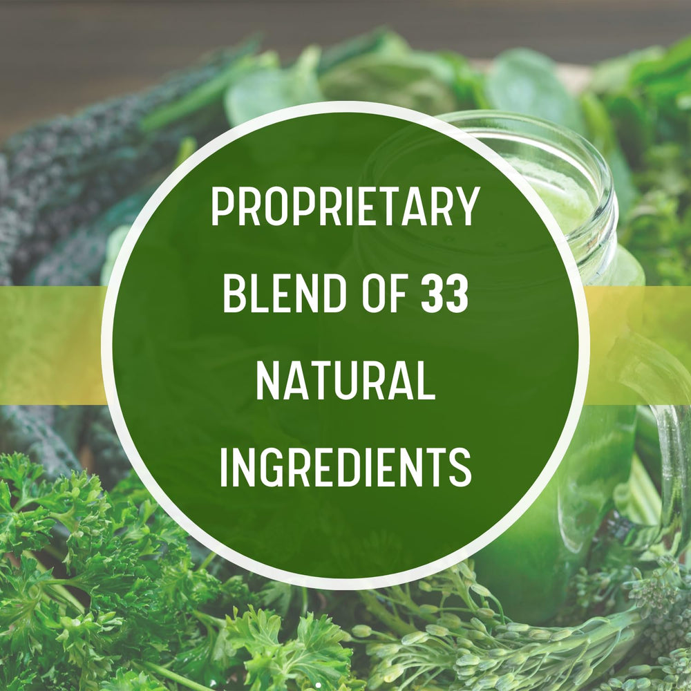 Glass with pale-green Daily Health Ultimate Greens drink prepared from powder.