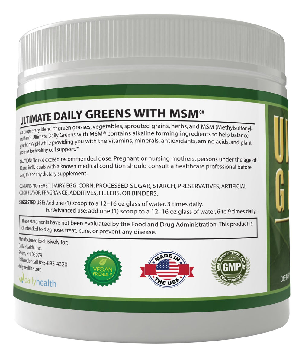 Daily Health Ultimate Greens Powder being added to a smoothie for nutrition boost.