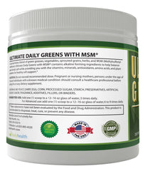 Daily Health Ultimate Greens Powder being added to a smoothie for nutrition boost.