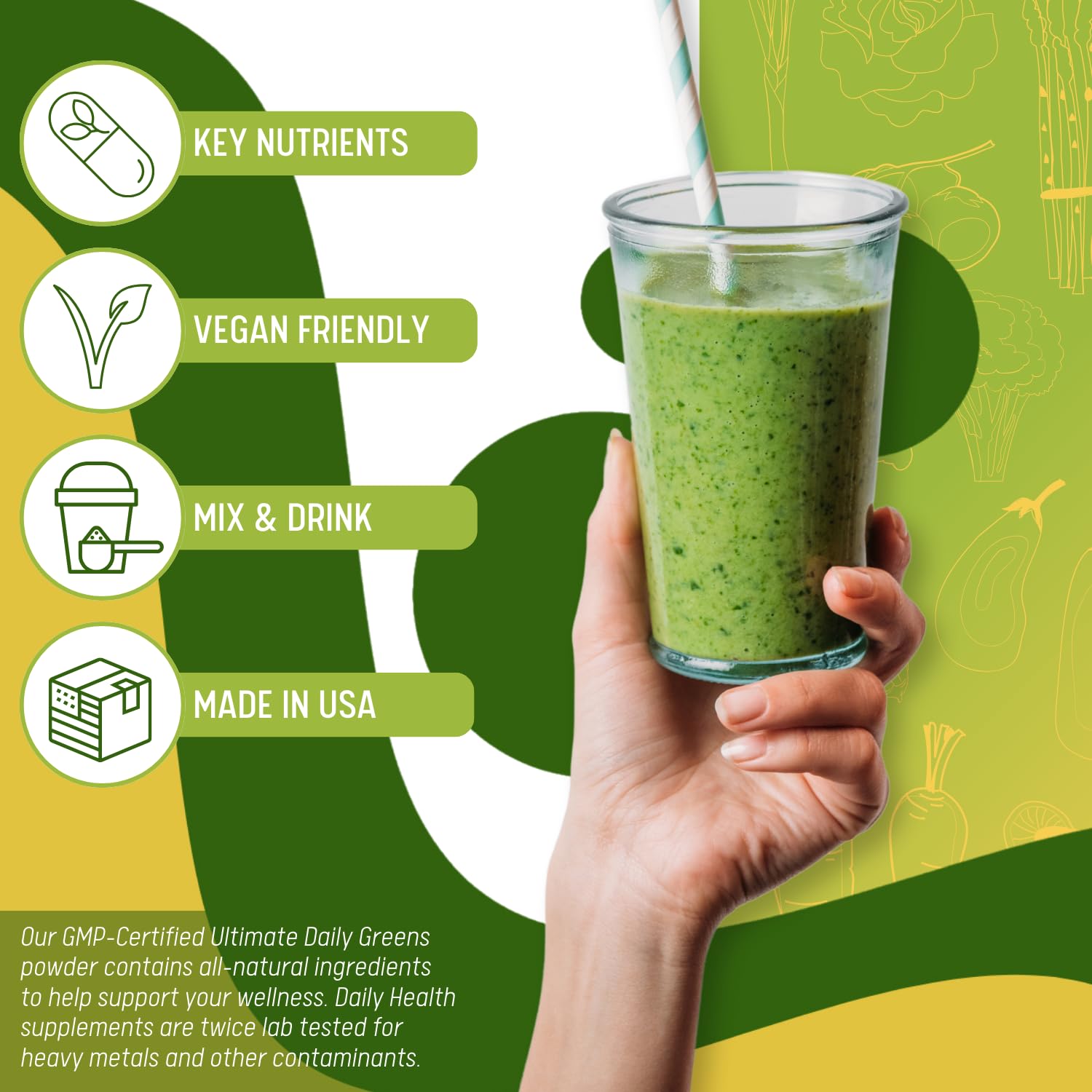 Daily Health Ultimate Greens Powder no GMO, gluten-free, soy-free banners on the tub.