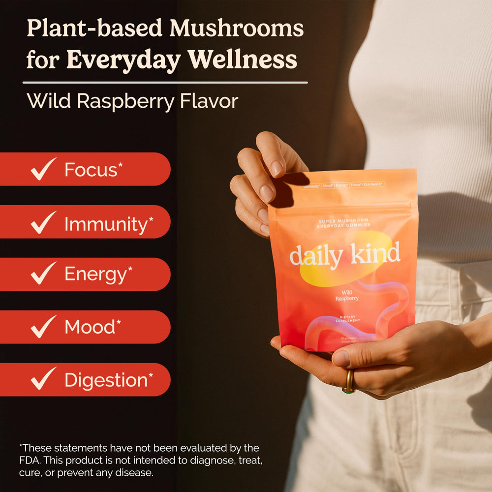 Daily Kind bottle-label close-up showing vegan gluten-free formula.