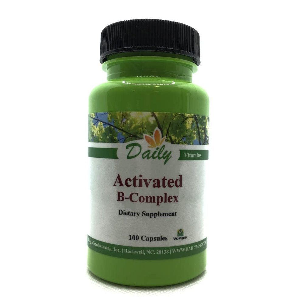 Daily Manufacturing Activated B-Complex bottle front highlighting vegan, gluten-free formula for daily support