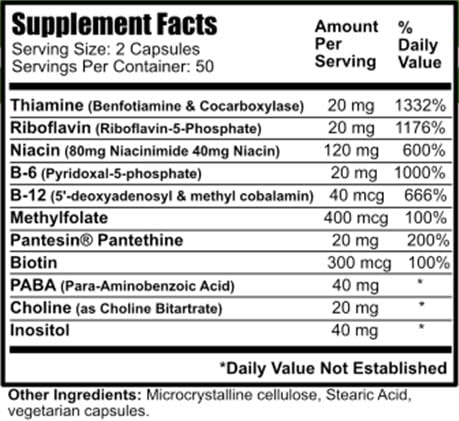 Daily Manufacturing Activated B-Complex capsules close-up showing active vitamins for efficient metabolism