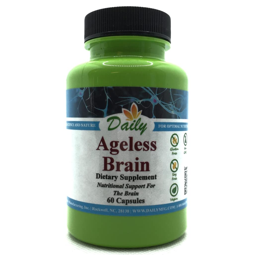Daily Manufacturing Ageless Brain bottle front view, non-GMO formula for daily vitality.