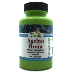 Daily Manufacturing Ageless Brain bottle front view, non-GMO formula for daily vitality.