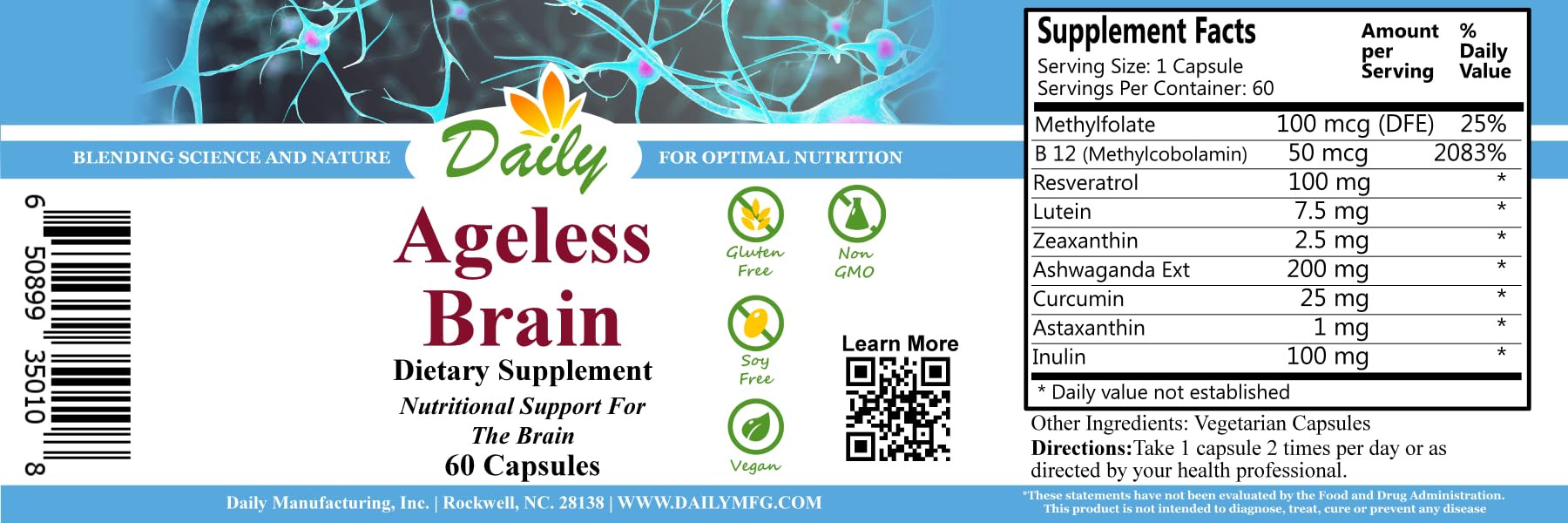 Ageless Brain capsules close-up showing methylfolate and B12 for daily support.