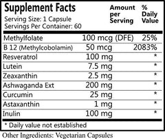 Ageless Brain ingredient list highlighting resveratrol, lutein and zeaxanthin for eye-support.