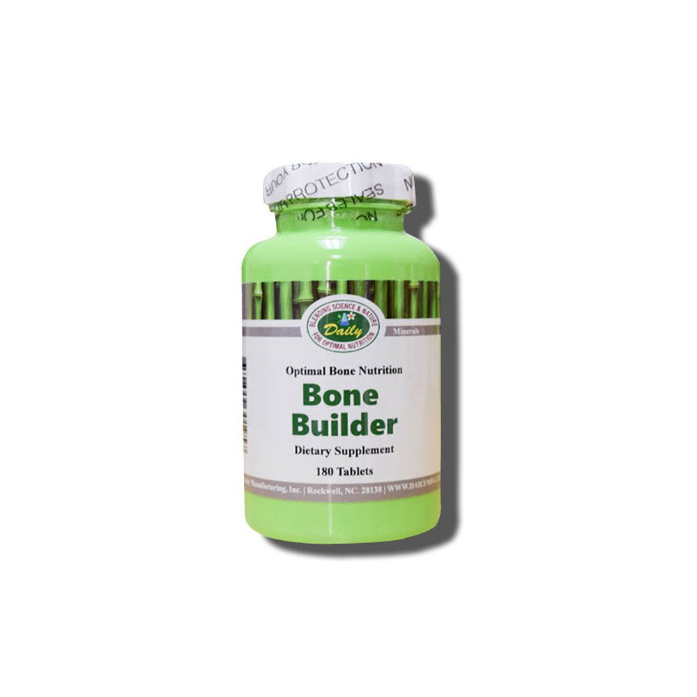 Daily Bone Builder bottle showcasing a vegan, mineral blend for bone health support.
