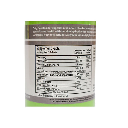 Daily Bone Builder tablets close-up highlighting essential minerals for daily bone support.