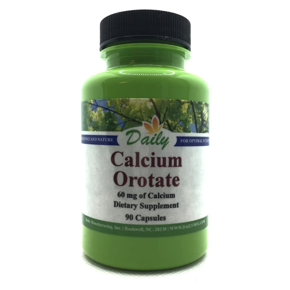 Daily Manufacturing Calcium Orotate bottle front view with vegan capsules for daily wellness.