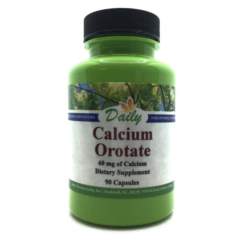 Daily Manufacturing Calcium Orotate bottle front view with vegan capsules for daily wellness.