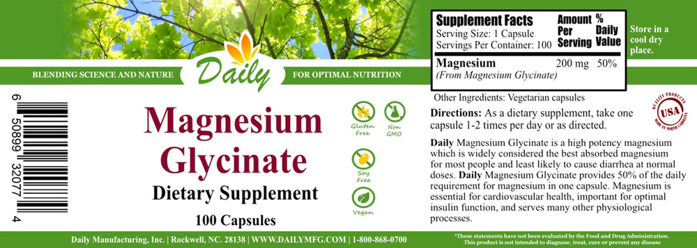 Daily Manufacturing Magnesium Glycinate label highlights kosher and vegan credentials.