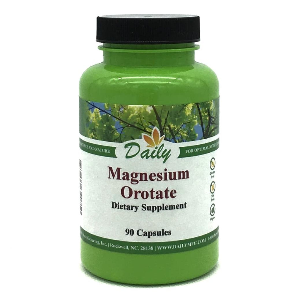 Daily Manufacturing Magnesium Orotate bottle with 90 capsules for easy daily mineral intake.