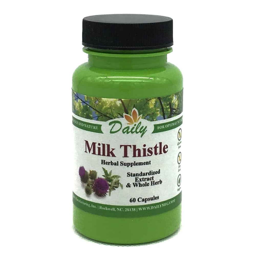 Daily Manufacturing Milk Thistle bottle with vegan capsules, convenient daily supplement.