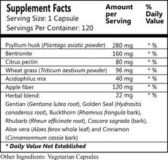 Miracle 7 Colon Cleanser ingredient panel and capsules for a fiber-rich routine.