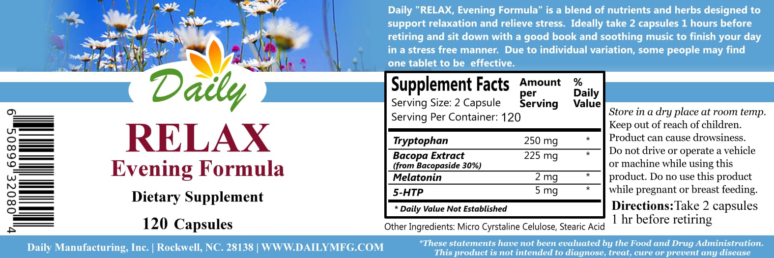 Daily Manufacturing Relax Evening Formula capsules close-up highlights tryptophan blend for relaxation