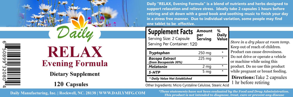 Daily Manufacturing Relax Evening Formula capsules close-up highlights tryptophan blend for relaxation
