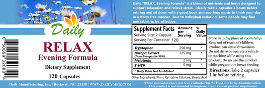 Daily Manufacturing Relax Evening Formula capsules close-up highlights tryptophan blend for relaxation