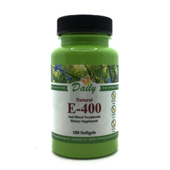 Daily Manufacturing Vitamin E-400 softgels bottle highlighting non-GMO formula and potent antioxidant support.