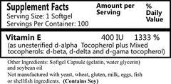 Close-up of Vitamin E-400 softgels emphasizing D-alpha form for heart and aging support.