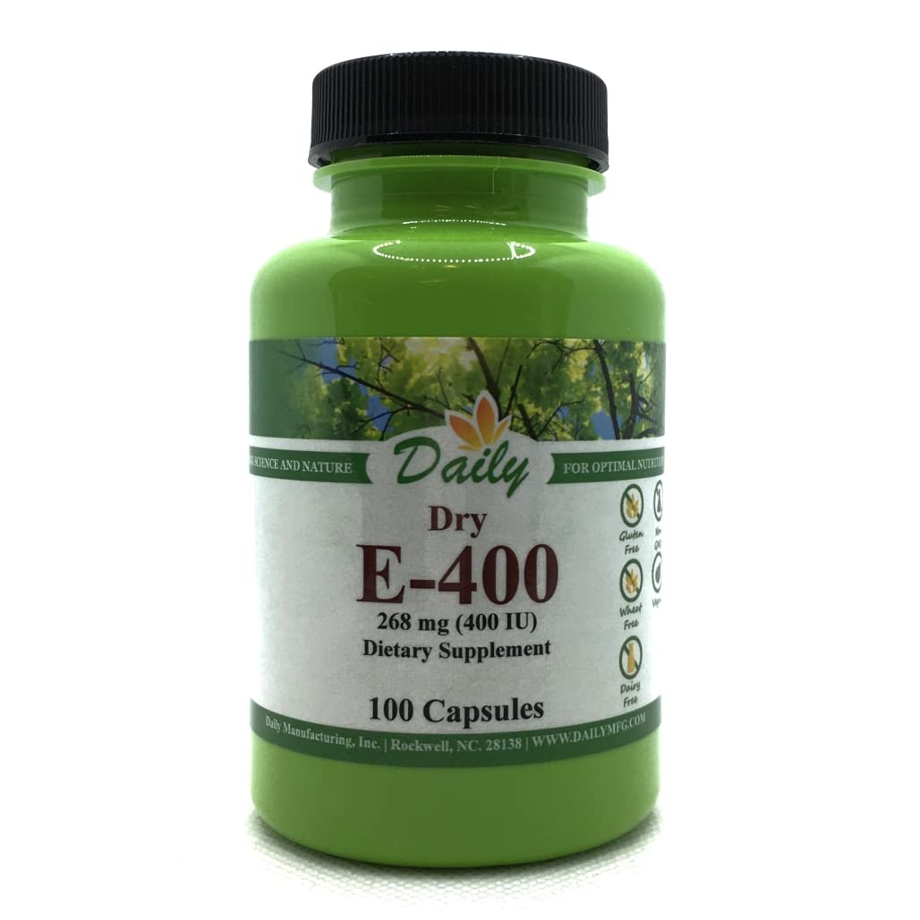 Daily Manufacturing Vitamin E Dry bottle showing 400 IU antioxidant support.