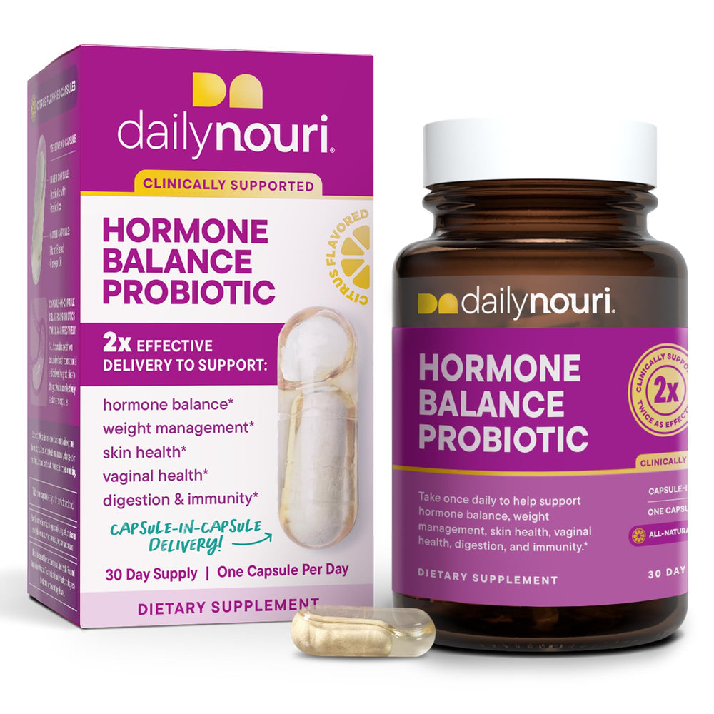 Daily Nouri Hormone Balance Probiotics bottle front for daily hormonal support.