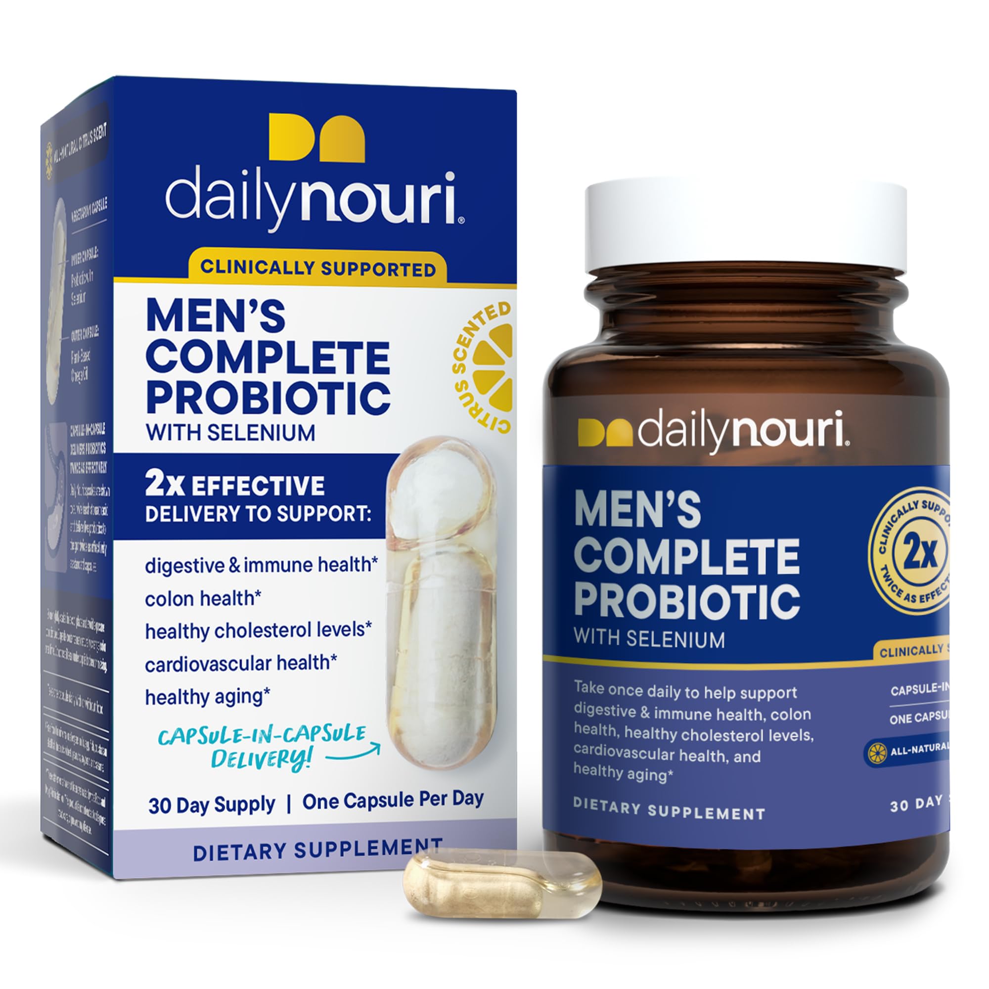 Daily Nouri Probiotics for Men bottle on shelf boosts gut balance and daily vitality.