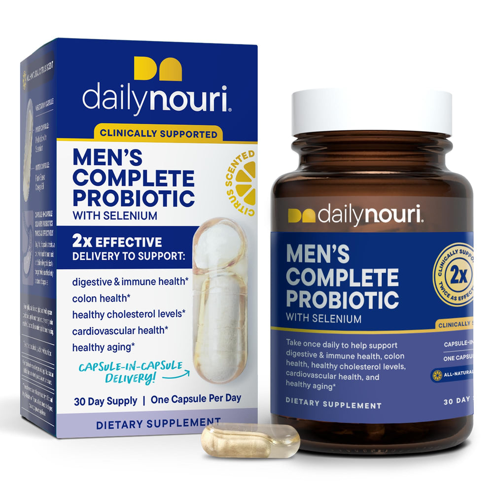 Daily Nouri Probiotics for Men bottle on shelf boosts gut balance and daily vitality.