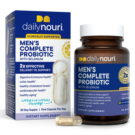 Daily Nouri Probiotics for Men bottle on shelf boosts gut balance and daily vitality.
