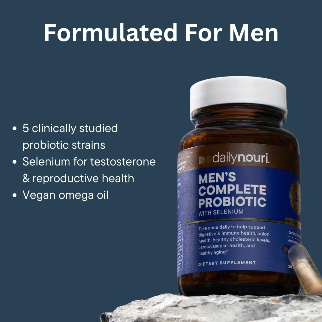 Daily Nouri Probiotics for Men ingredients panel highlights 5 clinically studied strains.