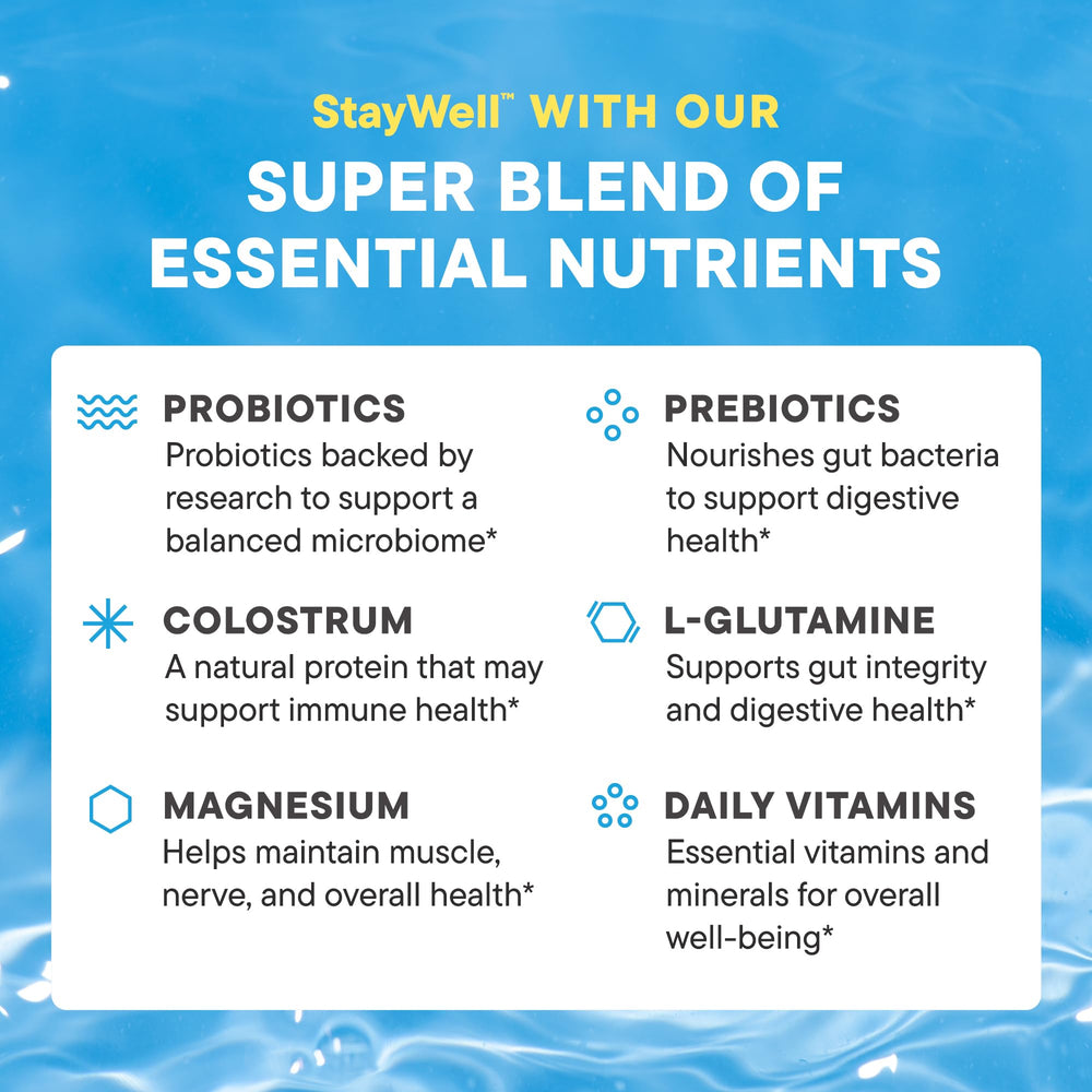 Daily Nouri StayWell colostrum-glutamine stick supports daily wellness and gut lining.