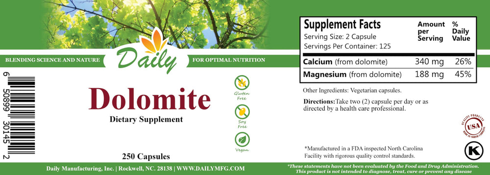 Daily Manufacturing Dolomite bottle back highlighting key ingredients and certifications