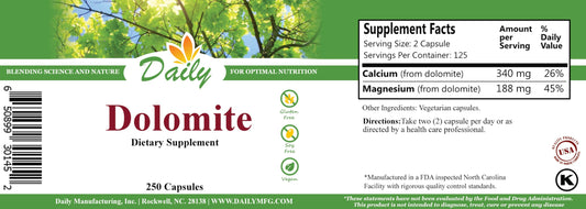 Daily Manufacturing Dolomite bottle back highlighting key ingredients and certifications
