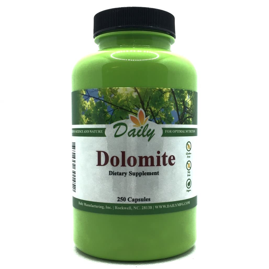 Daily Manufacturing Dolomite bottle front showing calcium and magnesium supplement details