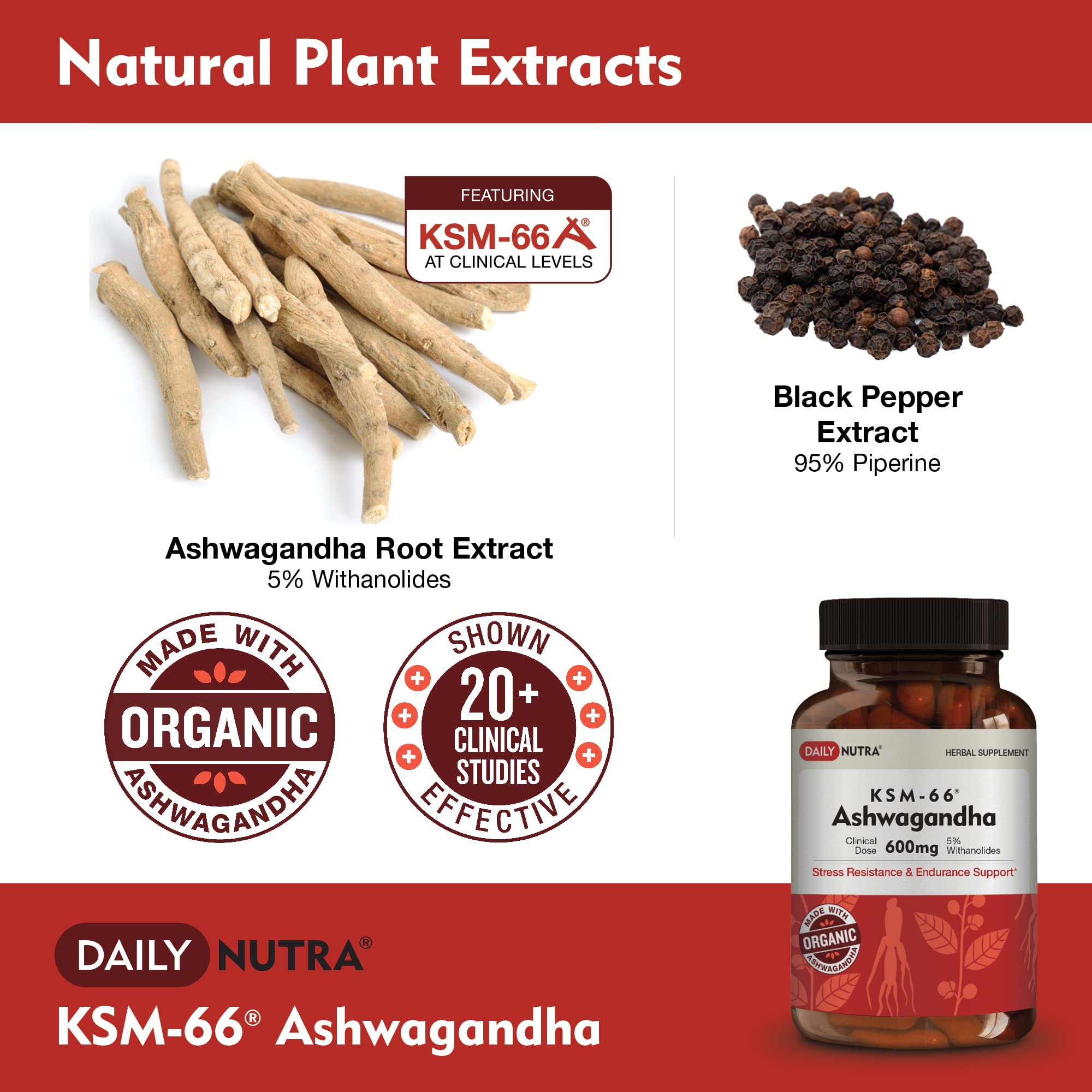 DailyNutra KSM-66 label detail shows 5% Withanolides and organic blend.
