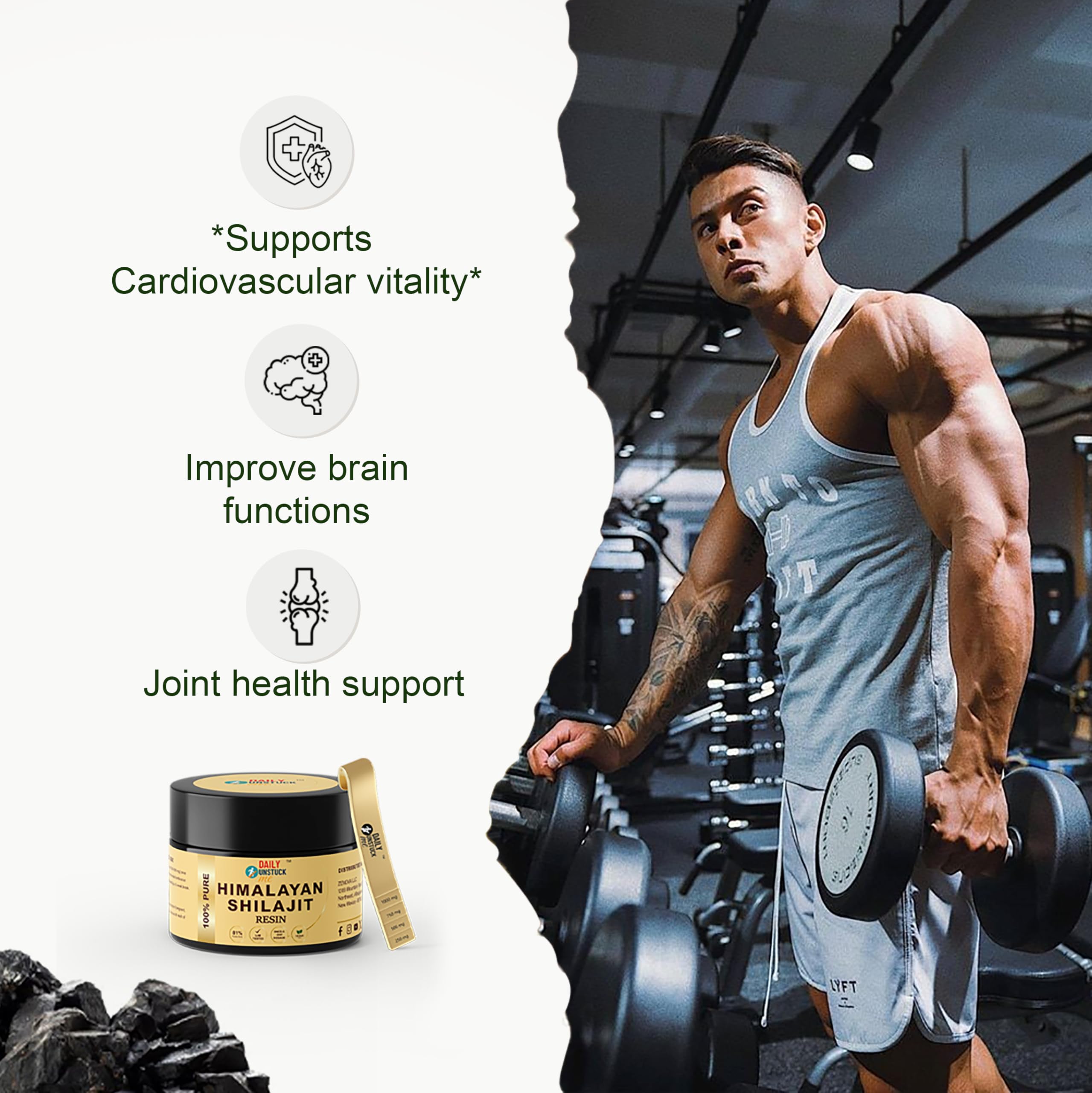 DAILY UNSTUCK ME Shilajit resin from Himalayas highlights natural mineral richness.