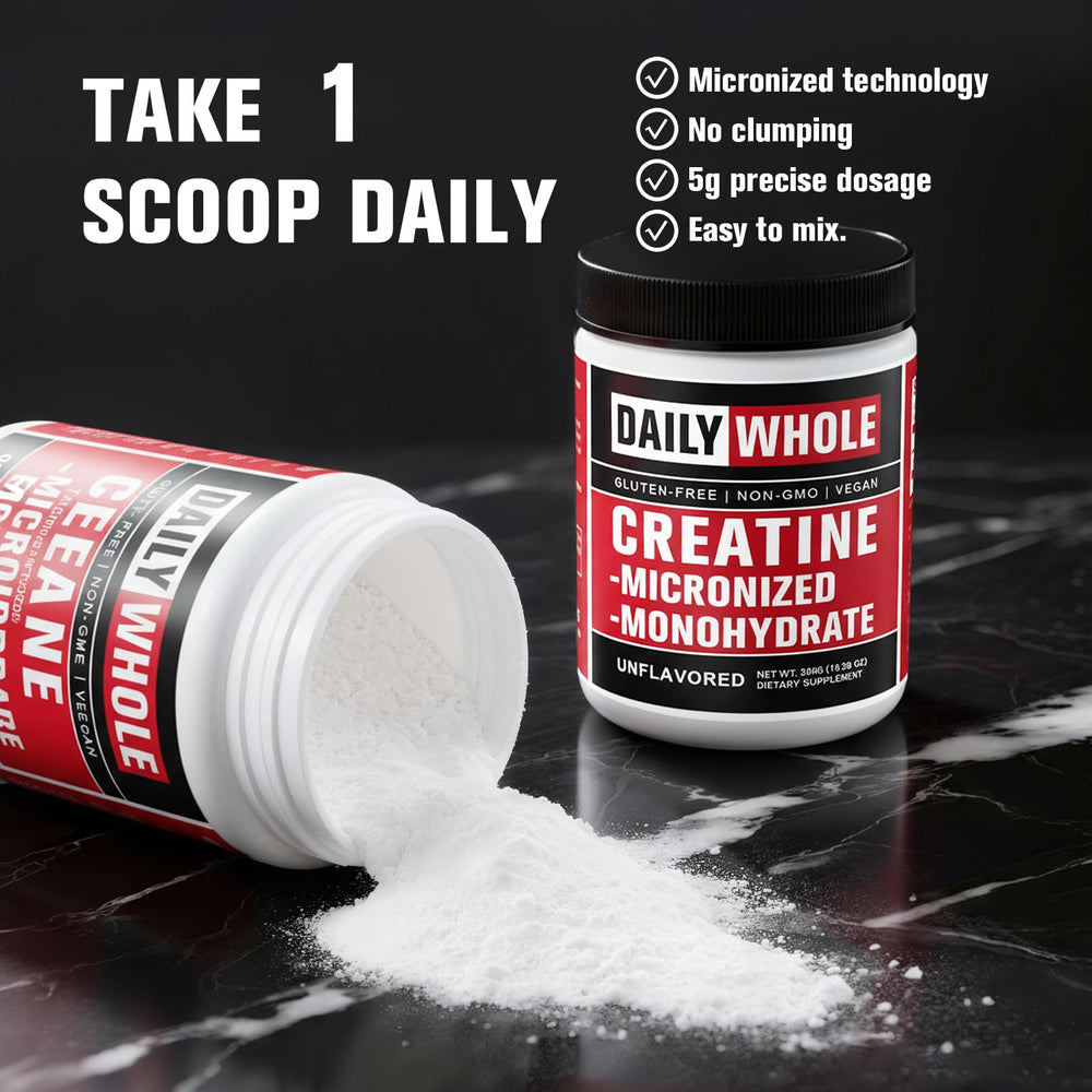 DailyWhole Organics creatine monohydrate powder dissolving in water for quick mix