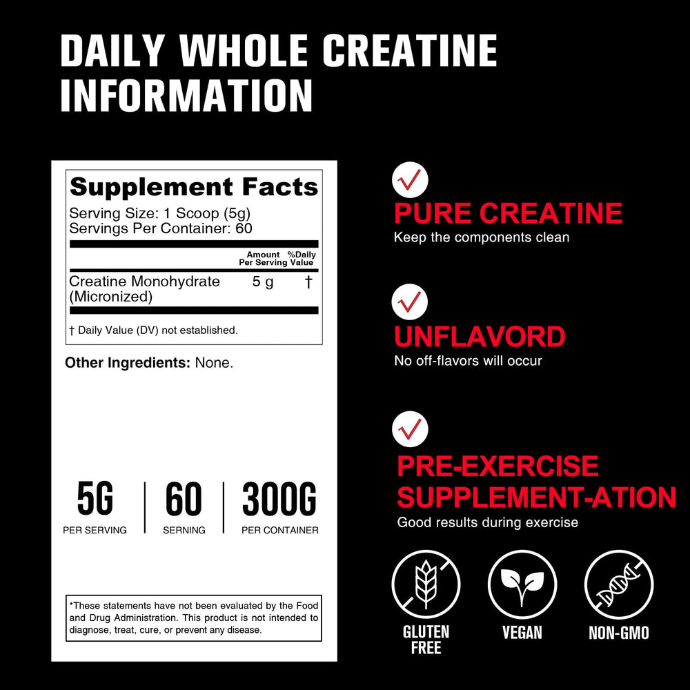 DailyWhole Organics creatine monohydrate powder scoop shows a precise 5g serving