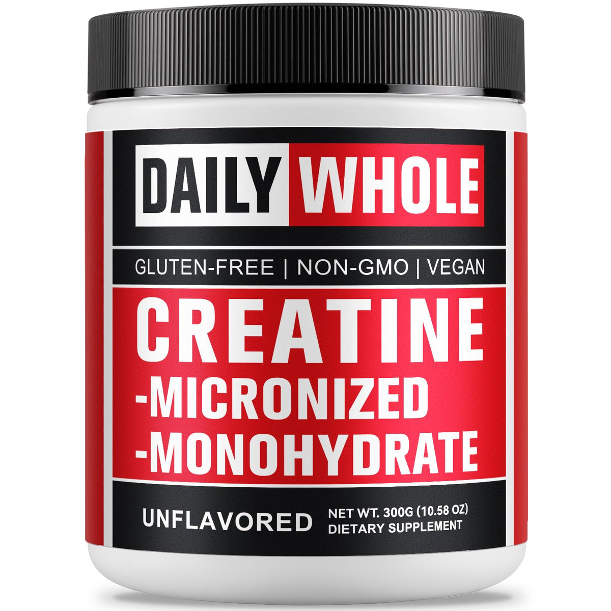 DailyWhole Organics creatine monohydrate powder tub front supports daily performance