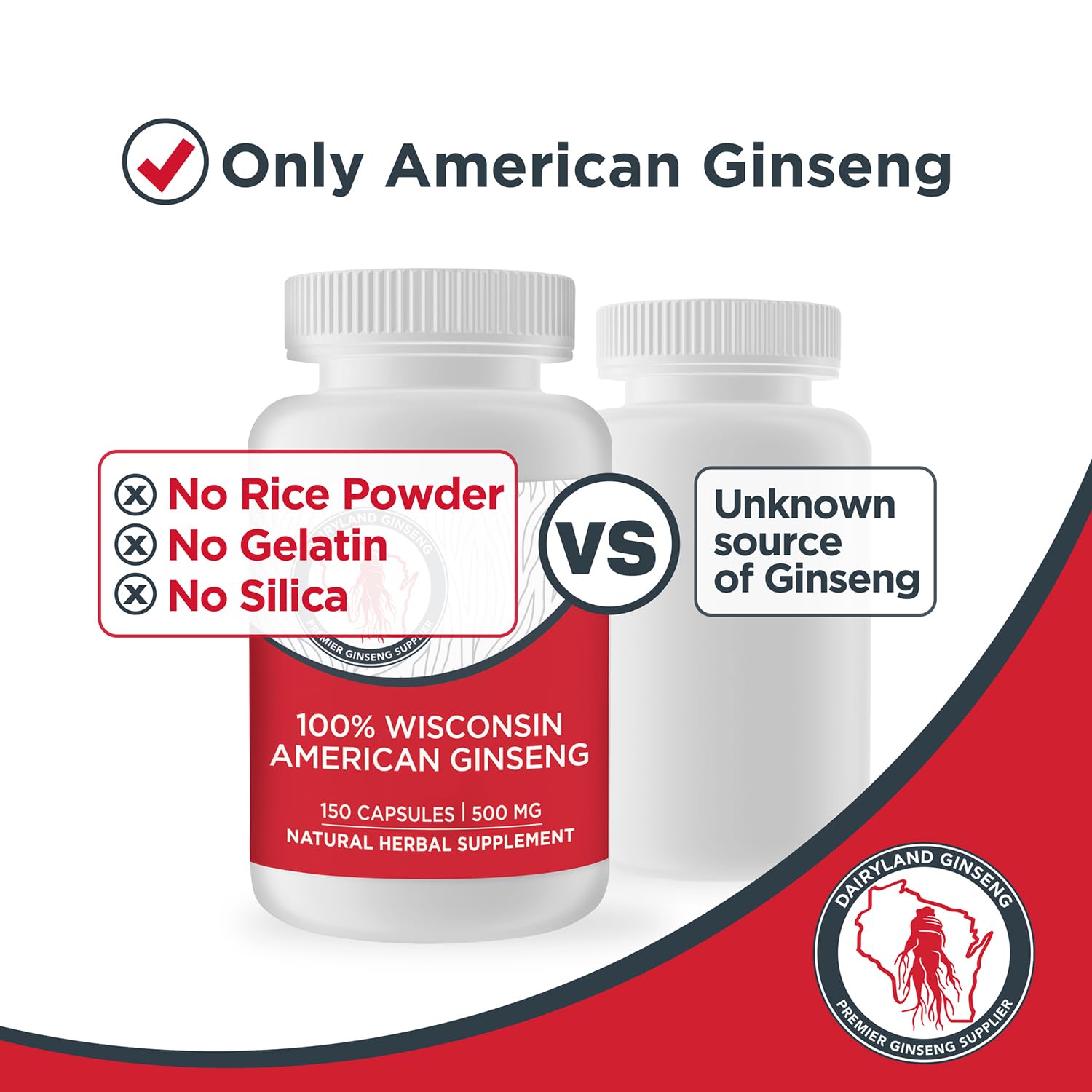 Dairyland American Ginseng bottle packaging front for easy storage on a shelf.