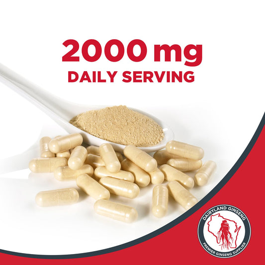 Dairyland American Ginseng capsules label close-up showing Wisconsin-grown ginseng.