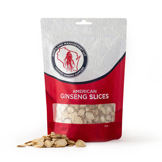 Dairyland American Ginseng Slices 8oz pack, ideal for soups and teas.