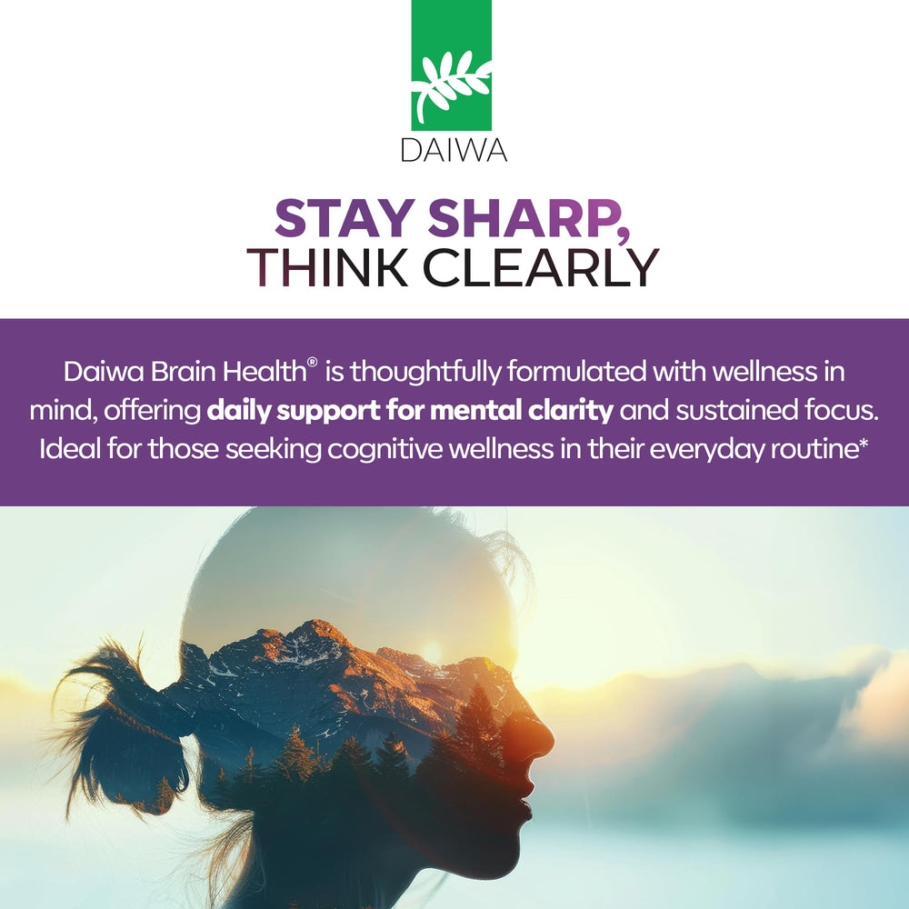 Packaging image of Daiwa Advanced Omega-3 Brain softgels emphasizing non-GMO and gluten-free