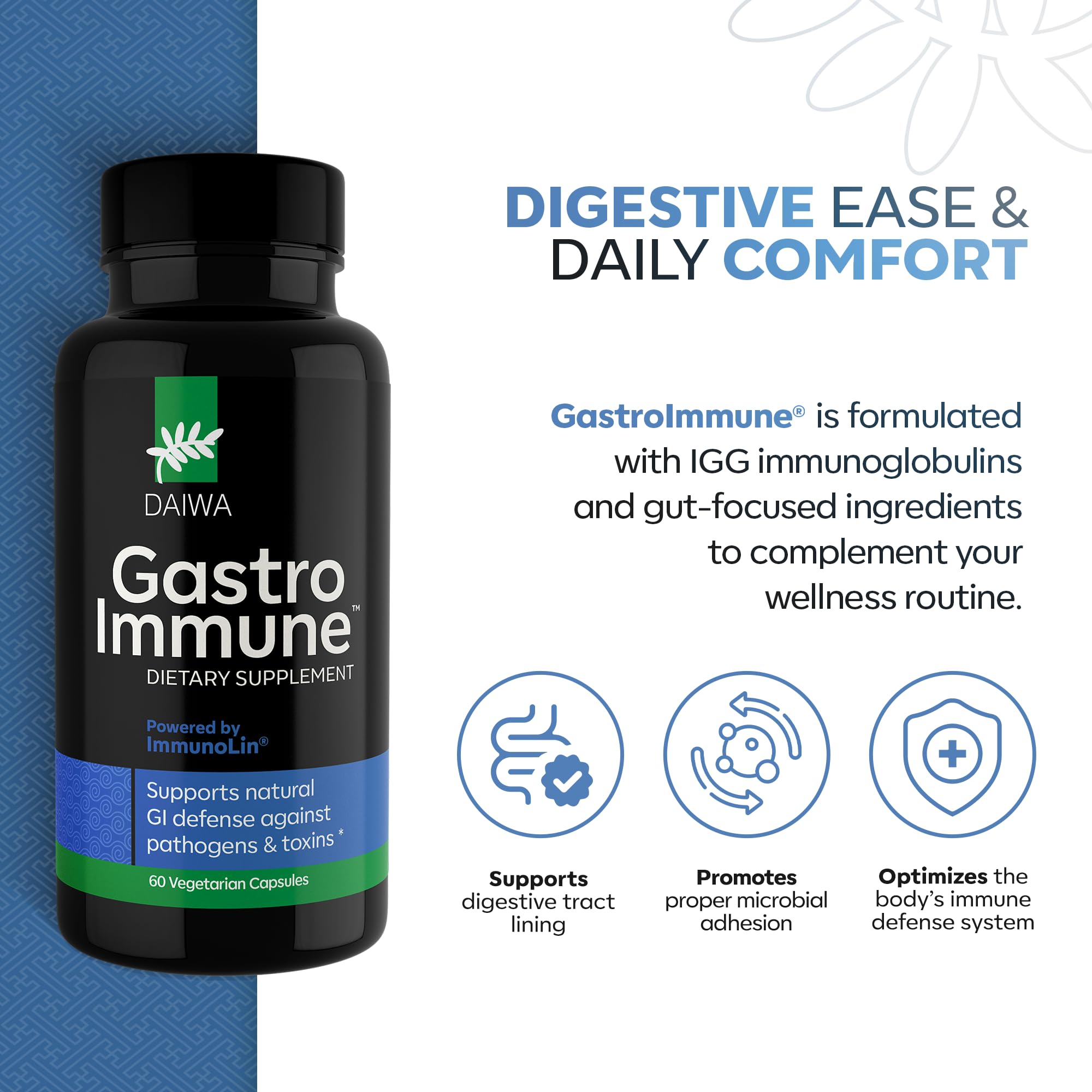 Daiwa GastroImmune capsules close-up highlighting protein-based formula for gut health.