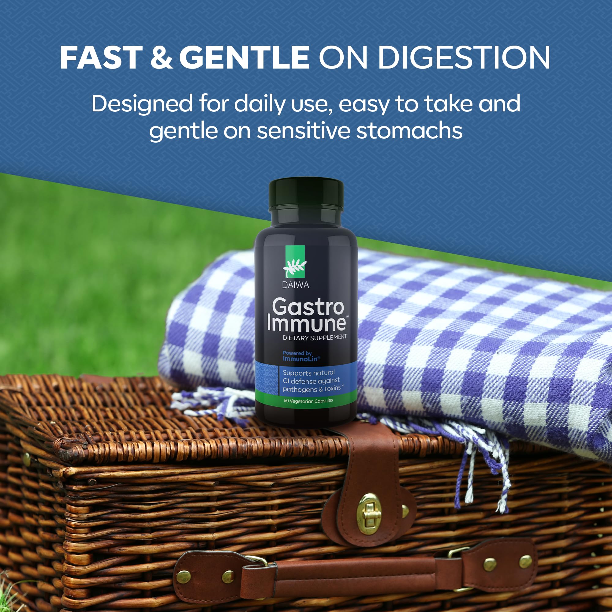 Daiwa GastroImmune Non-GMO sticker close-up signals clean ingredient choice.