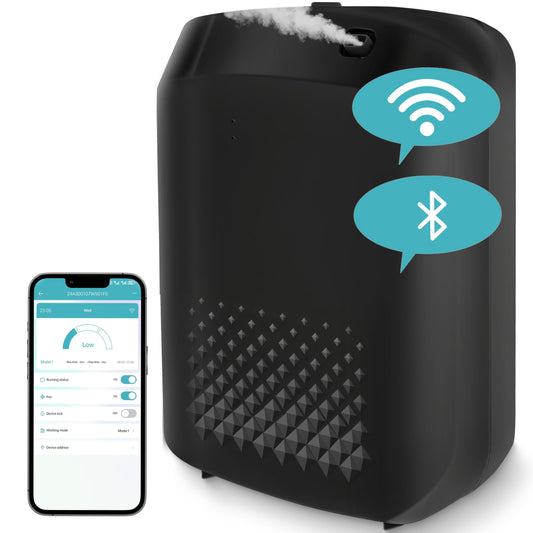 DAKISTF WiFi diffuser front view, sleek black design with hotel-grade fragrance feel