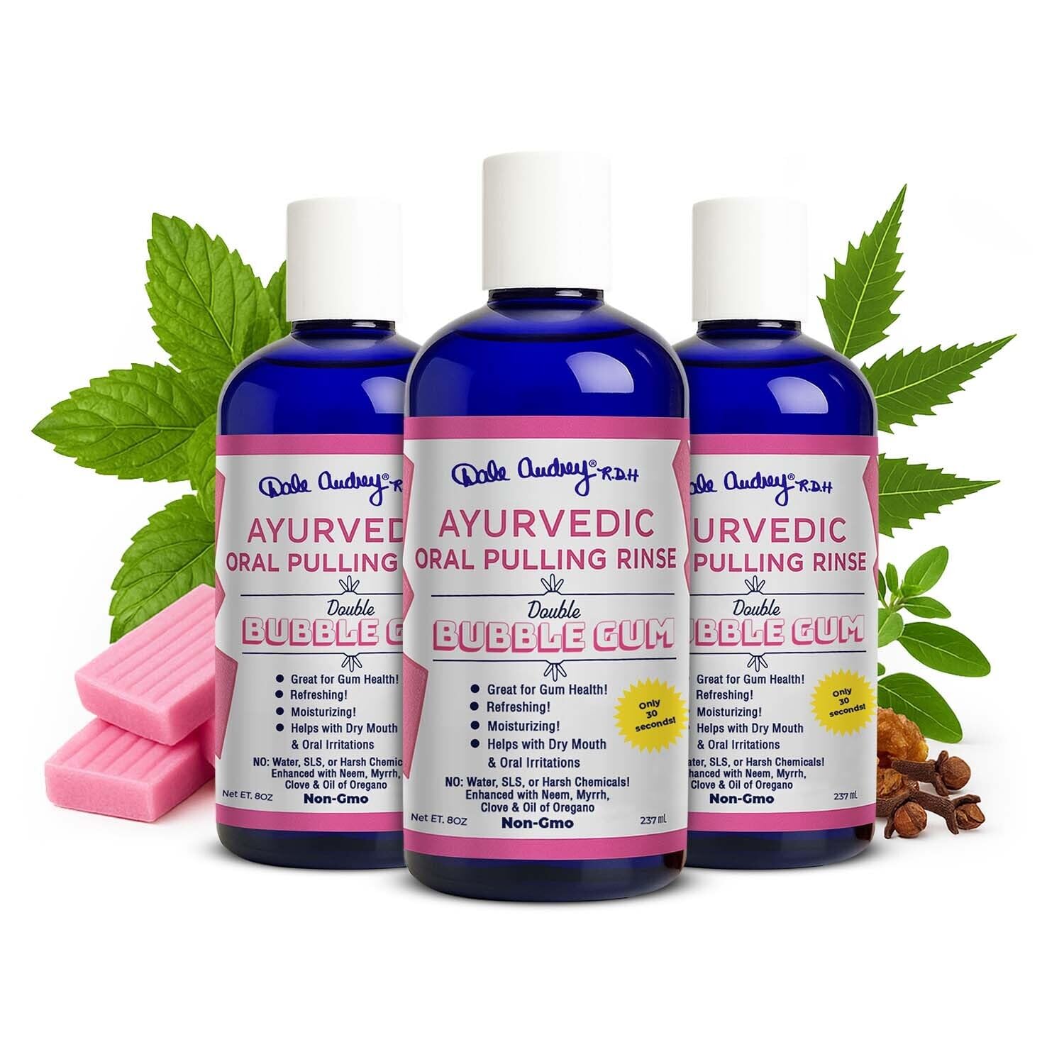 Dale Audrey bubble-gum oil pulling bottle promotes fresh breath and clean teeth.